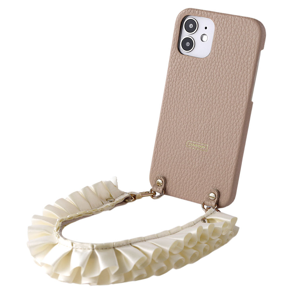 本革 32色 イタリアンシュリンクレザー サテンフリルショートストラップ付き 背面ケース iPhoneシリーズ