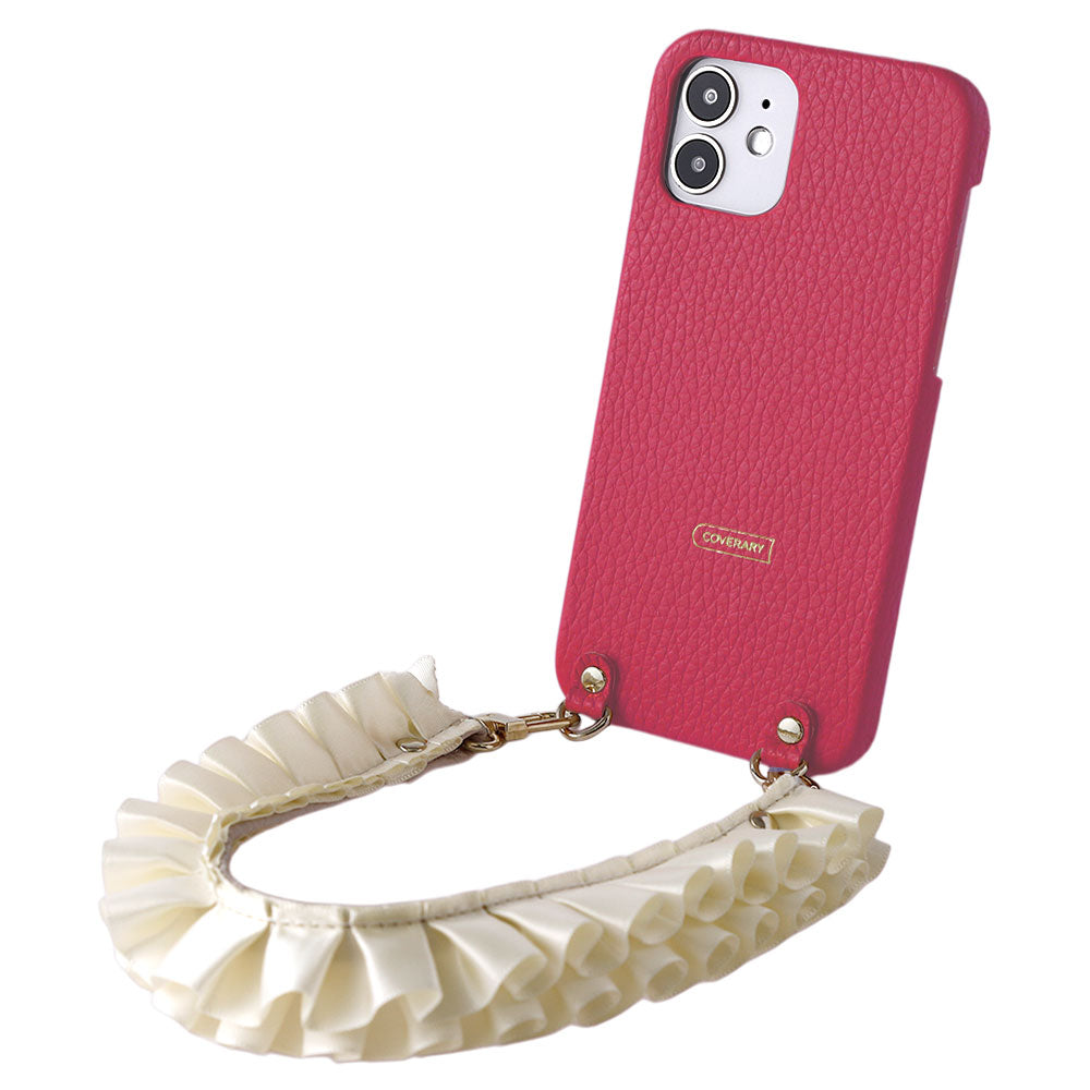 本革 32色 イタリアンシュリンクレザー サテンフリルショートストラップ付き 背面ケース iPhoneシリーズ