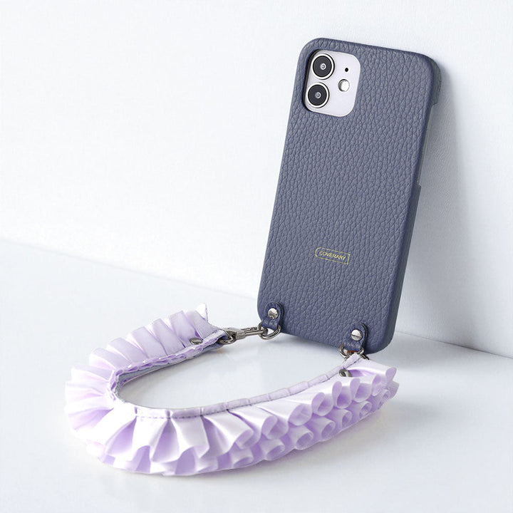 本革 32色 イタリアンシュリンクレザー サテンフリルショートストラップ付き 背面ケース iPhoneシリーズ