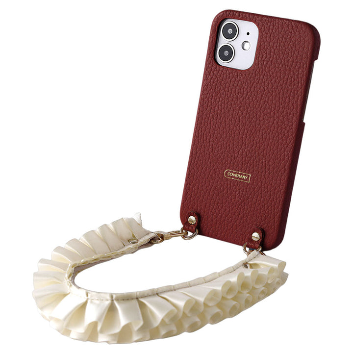 本革 32色 イタリアンシュリンクレザー サテンフリルショートストラップ付き 背面ケース iPhoneシリーズ