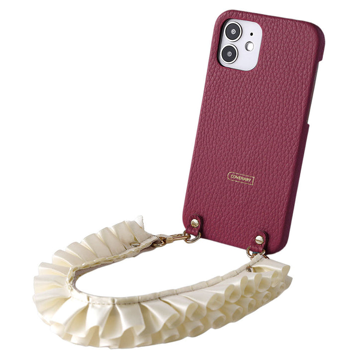 本革 32色 イタリアンシュリンクレザー サテンフリルショートストラップ付き 背面ケース iPhoneシリーズ