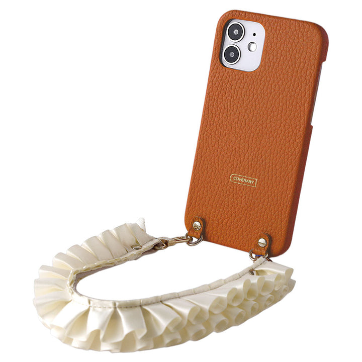本革 32色 イタリアンシュリンクレザー サテンフリルショートストラップ付き 背面ケース iPhoneシリーズ