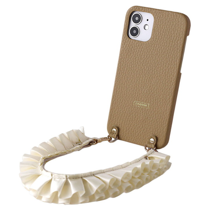 本革 32色 イタリアンシュリンクレザー サテンフリルショートストラップ付き 背面ケース iPhoneシリーズ