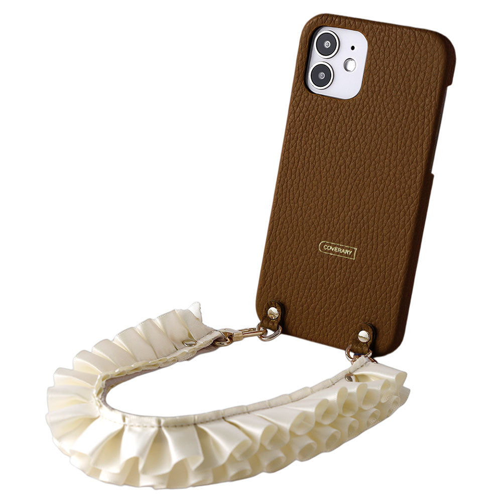 本革 32色 イタリアンシュリンクレザー サテンフリルショートストラップ付き 背面ケース iPhoneシリーズ