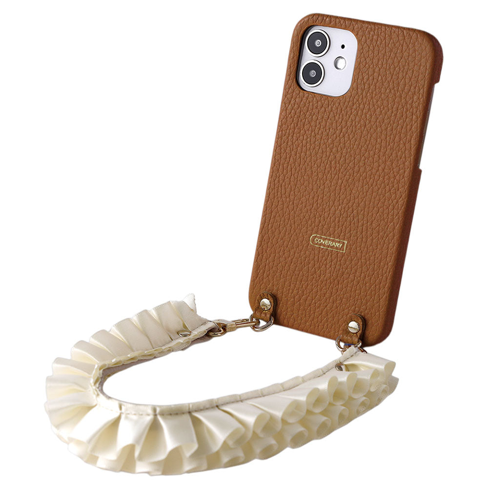 本革 32色 イタリアンシュリンクレザー サテンフリルショートストラップ付き 背面ケース iPhoneシリーズ