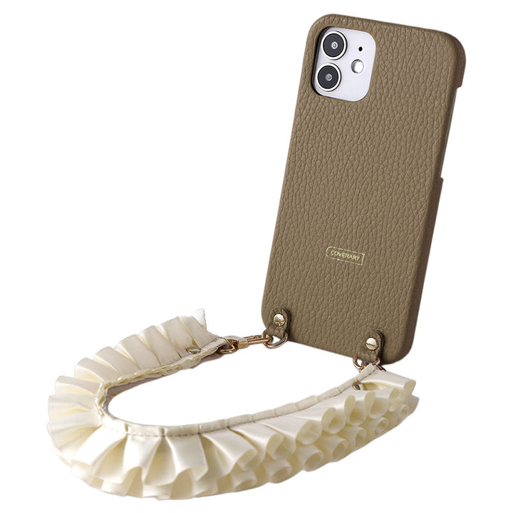 本革 32色 イタリアンシュリンクレザー サテンフリルショートストラップ付き 背面ケース iPhoneシリーズ