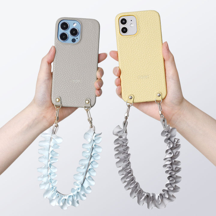 本革 32色 イタリアンシュリンクレザー サテンフリルショートストラップ付き 背面ケース iPhoneシリーズ