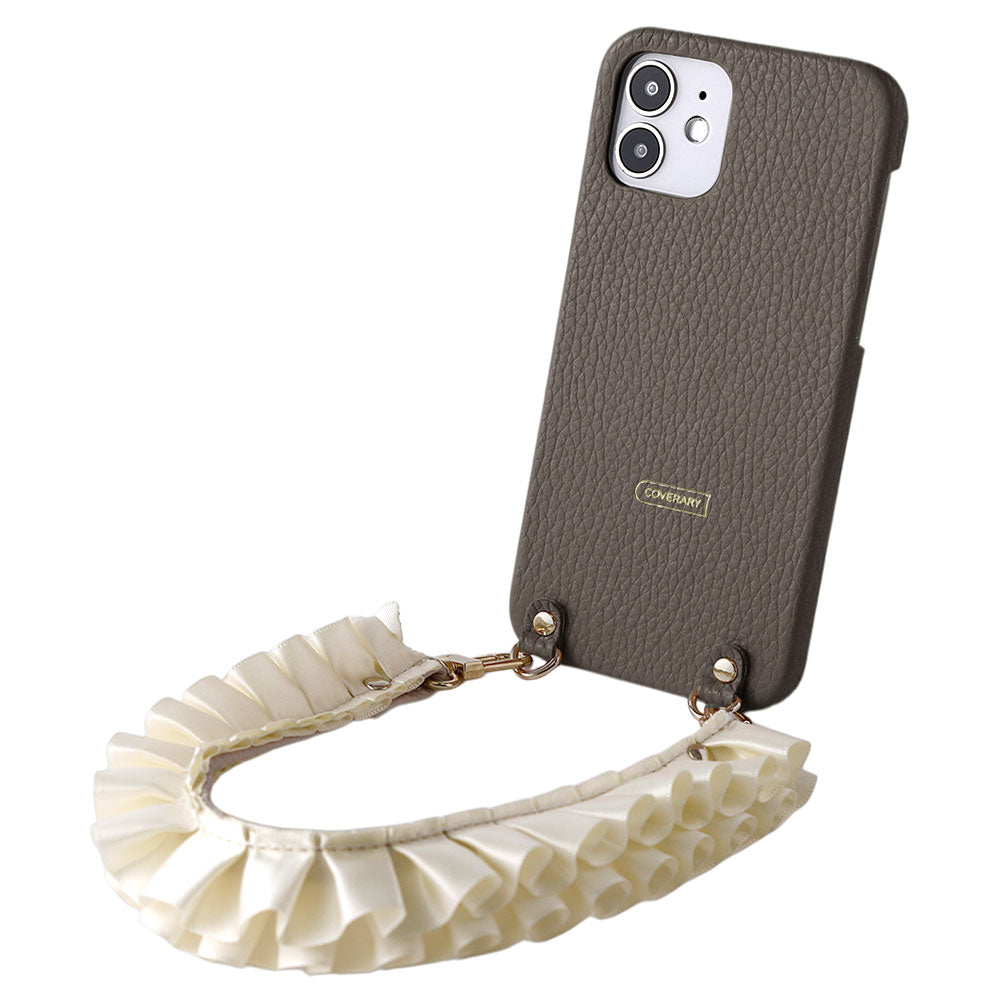 本革 32色 イタリアンシュリンクレザー サテンフリルショートストラップ付き 背面ケース iPhoneシリーズ