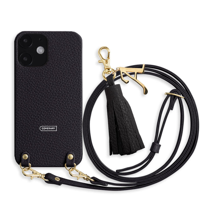 Cuir véritable 32 couleurs cuir italien grainé avec bandoulière initiale breloque pompon coque arrière série Galaxy