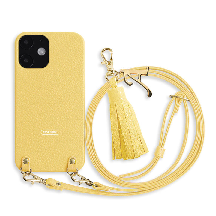 本革 32色 イタリアンシュリンクレザー ショルダーストラップ付き イニシャル タッセルチャーム 背面ケース iPhoneシリーズ