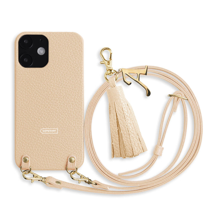 本革 32色 イタリアンシュリンクレザー ショルダーストラップ付き イニシャル タッセルチャーム 背面ケース iPhoneシリーズ