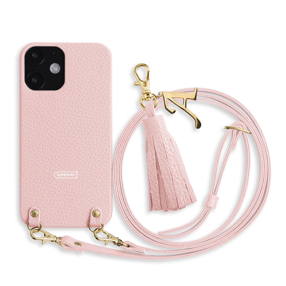 Cuir véritable 32 couleurs cuir italien grainé avec bandoulière initiale breloque pompon coque arrière série Galaxy