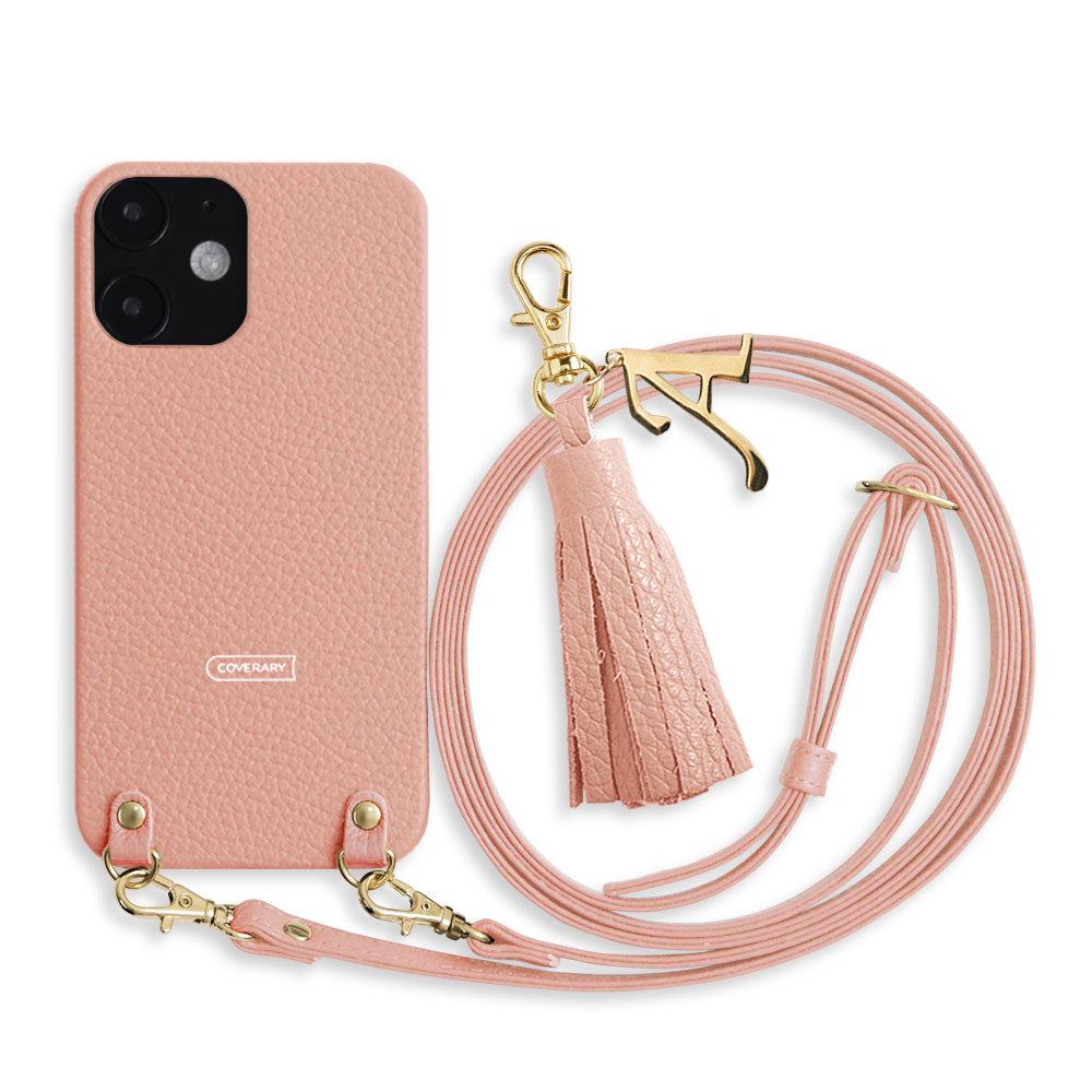 Cuir véritable 32 couleurs cuir italien grainé avec bandoulière initiale breloque pompon coque arrière série Galaxy