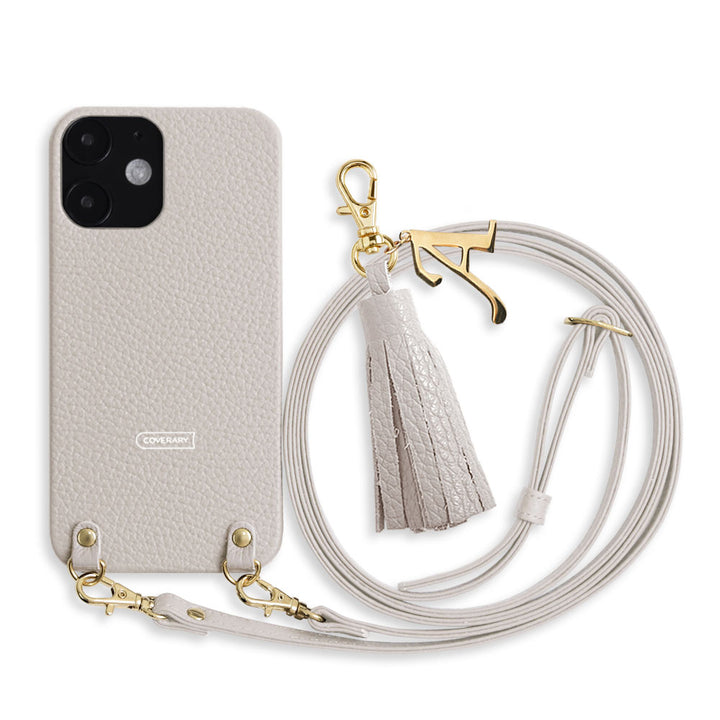 本革 32色 イタリアンシュリンクレザー ショルダーストラップ付き イニシャル タッセルチャーム 背面ケース