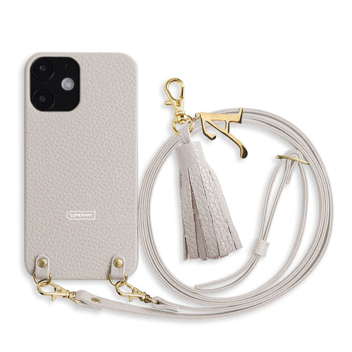 Cuir véritable 32 couleurs cuir italien grainé avec bandoulière initiale breloque pompon coque arrière série Galaxy