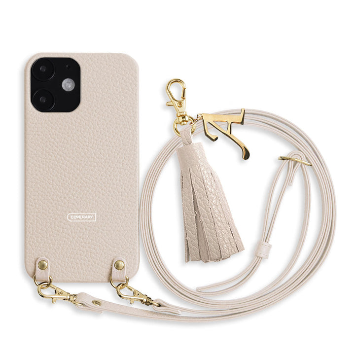 Cuir véritable 32 couleurs cuir italien grainé avec bandoulière initiale breloque pompon coque arrière série Galaxy