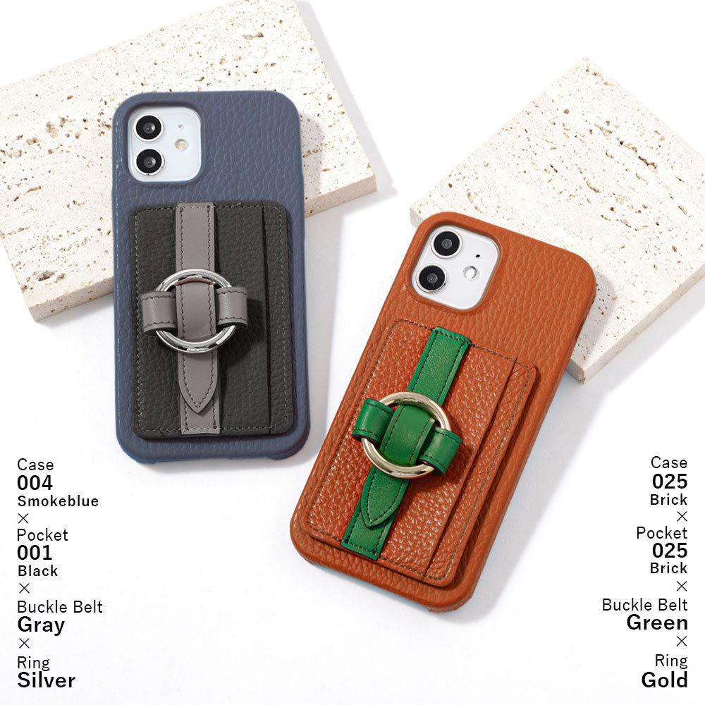 本革 32色 イタリアンシュリンクレザー カード収納 リングバックルベルト付き 背面ケース iPhoneシリーズ