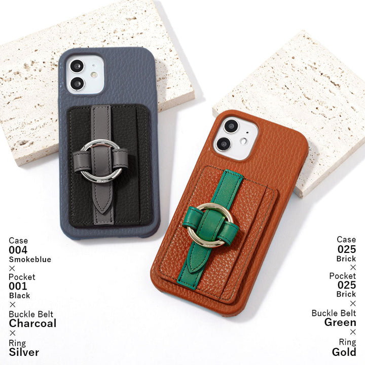 本革 32色 イタリアンシュリンクレザー カード収納 リングバックルベルト付き 背面ケース iPhoneシリーズ