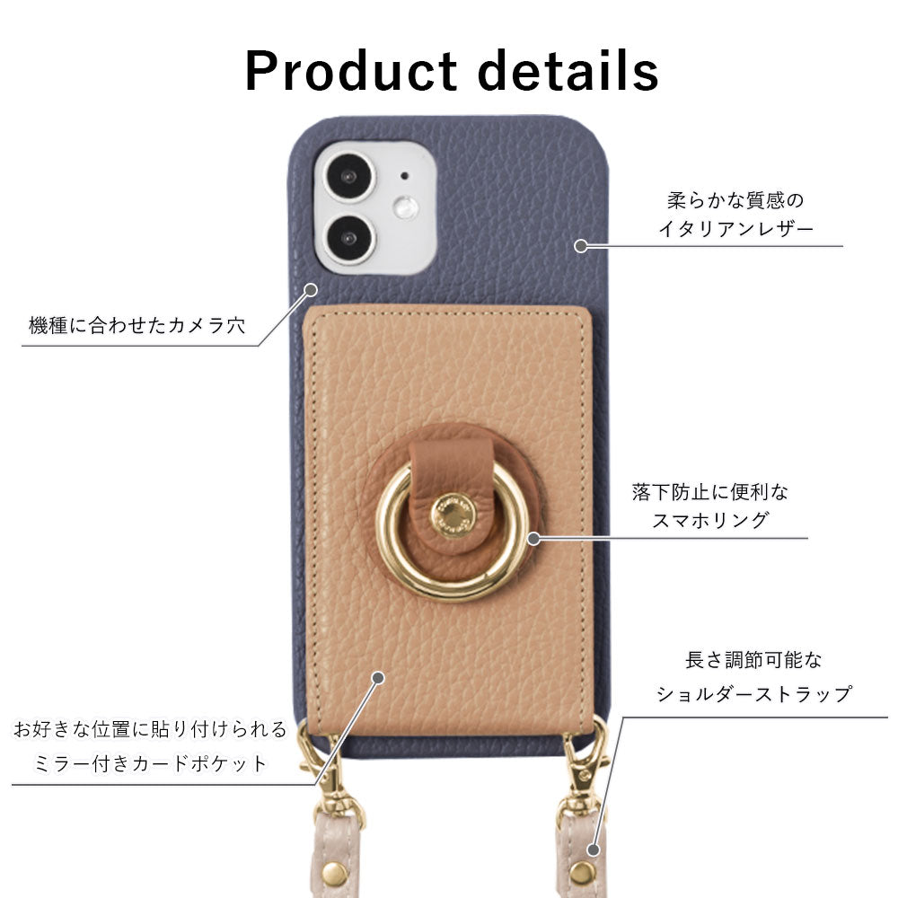 Genuine leather 32 colors Italian shrink leather with mirror & smartphone ring & shoulder strap attached back case for iPhone series