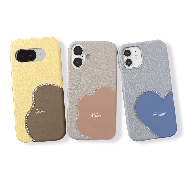本革 32色 イタリアンシュリンクレザー モチーフカットレザー プリントネーム ストーンデコ 背面ケース