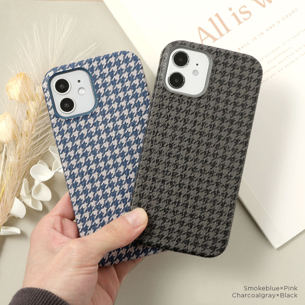 本革 イタリアンシュリンクレザー 千鳥格子柄 背面ケース iPhoneシリーズ