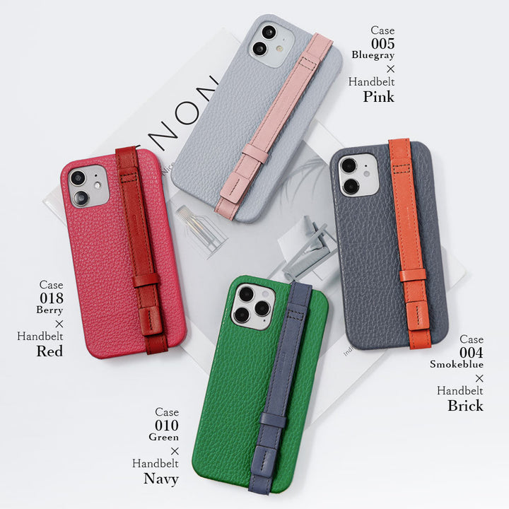 本革 32色 イタリアンシュリンクレザー アクセントライン ハンドベルト付き 背面ケース iPhoneシリーズ