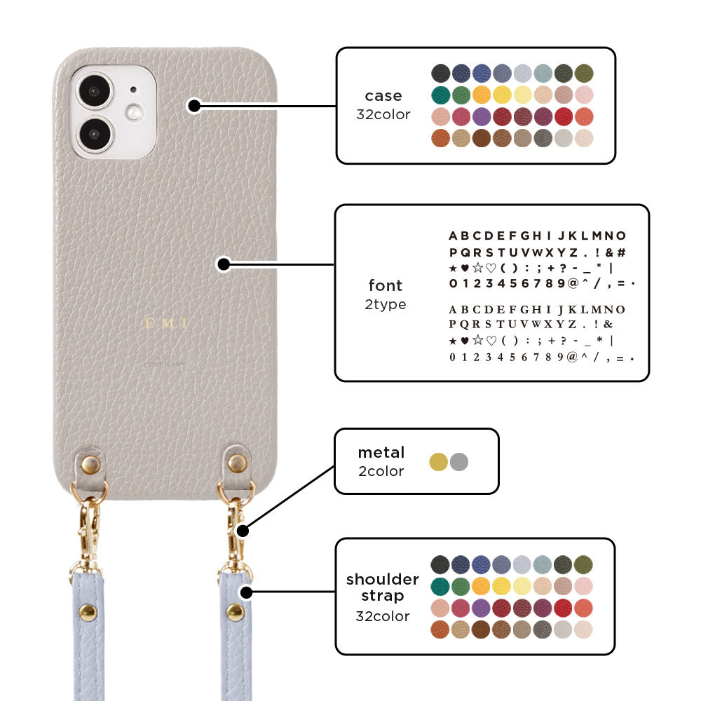 Cuir véritable 32 couleurs cuir italien grainé avec bandoulière étui arrière gravure personnalisée (impression à chaud) série iPhone