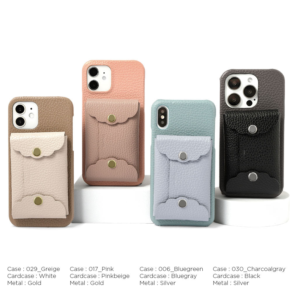 Genuine leather 32 colors Italian shrink leather scallop card case attached back case iPhone series