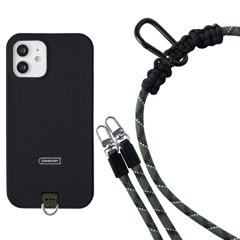 Ensemble porte-carte en cuir italien grainé 32 couleurs avec sangle d'épaule en corde de 8 mm et coque arrière