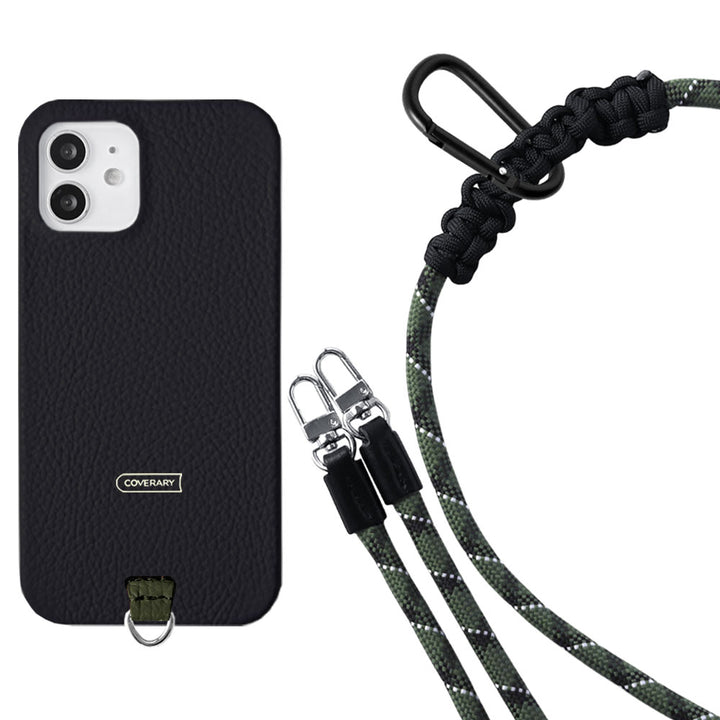 Ensemble porte-carte en cuir italien grainé 32 couleurs avec sangle d'épaule en corde de 8 mm et coque arrière