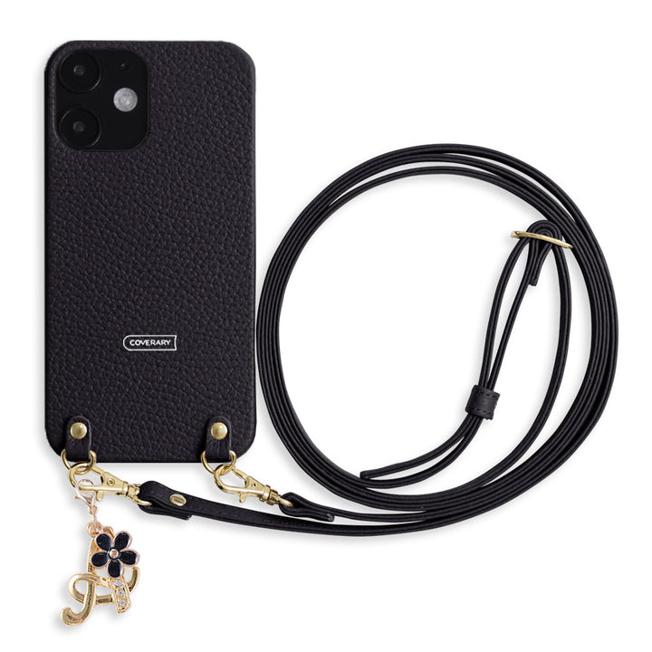 本革 32色 イタリアンシュリンクレザー ショルダーストラップ付き フラワーイニシャルチャーム 背面ケース