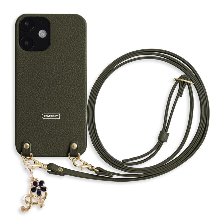 本革 32色 イタリアンシュリンクレザー ショルダーストラップ付き フラワーイニシャルチャーム 背面ケース