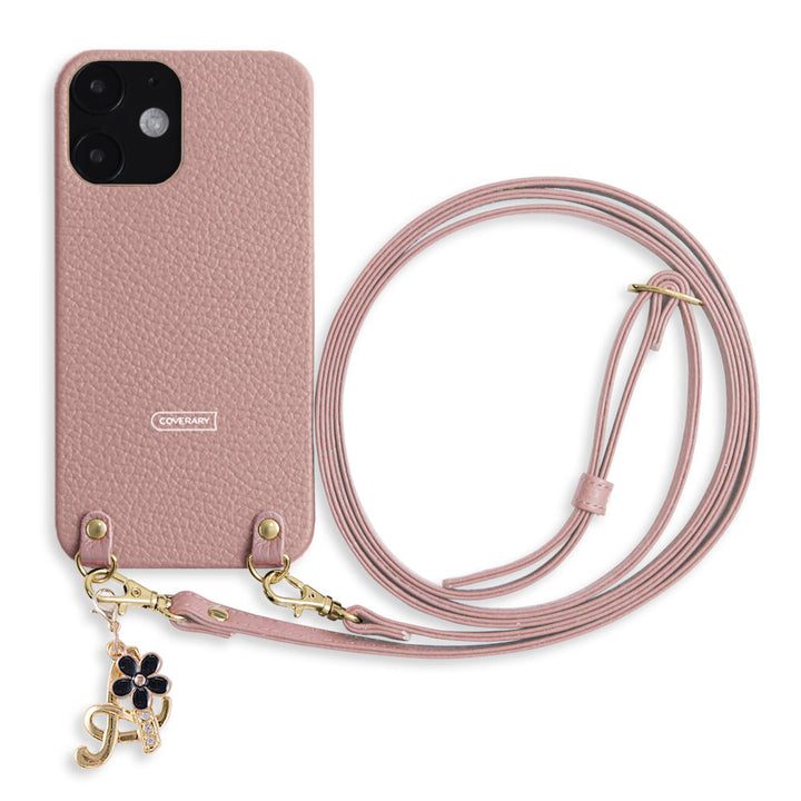 本革 32色 イタリアンシュリンクレザー ショルダーストラップ付き フラワーイニシャルチャーム 背面ケース