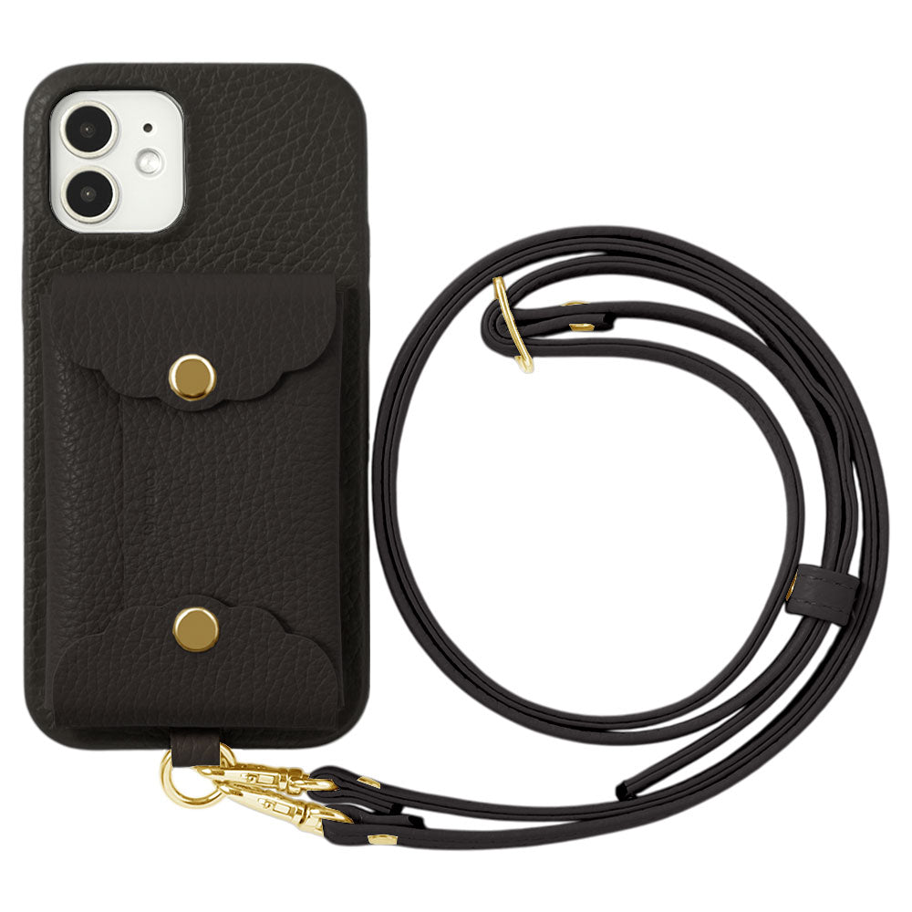 本革 32色 イタリアンシュリンクレザー スカラップカードケース＆ショルダーストラップ付き 背面ケース