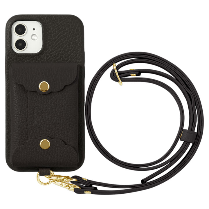 本革 32色 イタリアンシュリンクレザー スカラップカードケース＆ショルダーストラップ付き 背面ケース