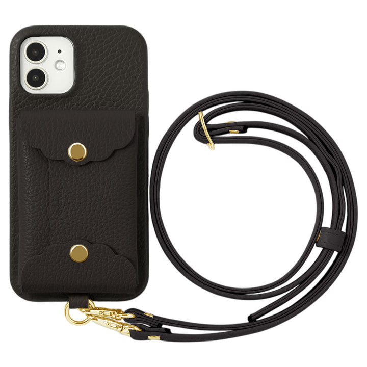 Genuine leather 32 colors Italian shrink leather scallop card case & shoulder strap included back case for iPhone series