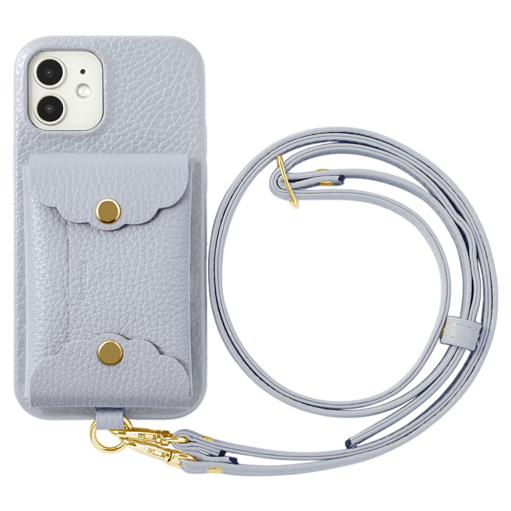 Genuine leather 32 colors Italian shrink leather scallop card case & shoulder strap included back case for iPhone series