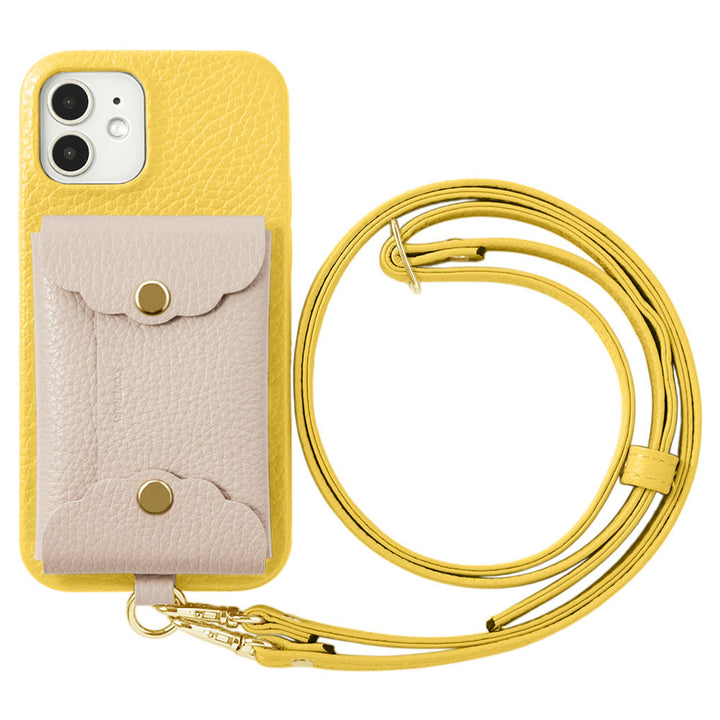 Genuine leather 32 colors Italian shrink leather scallop card case & shoulder strap included back case for iPhone series