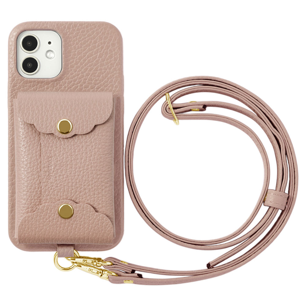 Genuine leather 32 colors Italian shrink leather scallop card case & shoulder strap included back case for iPhone series