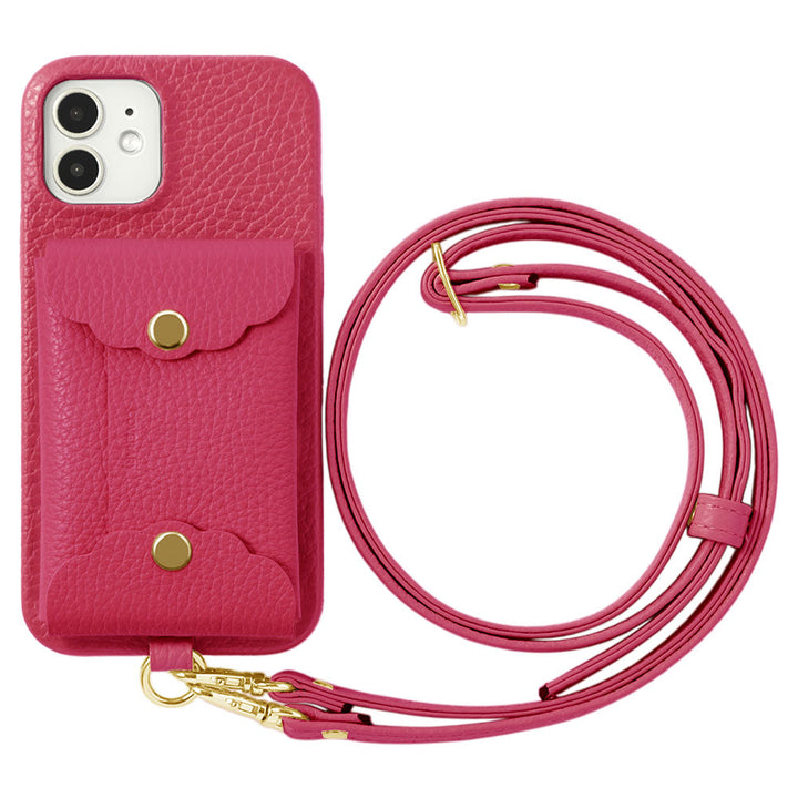 Genuine leather 32 colors Italian shrink leather scallop card case & shoulder strap included back case for iPhone series