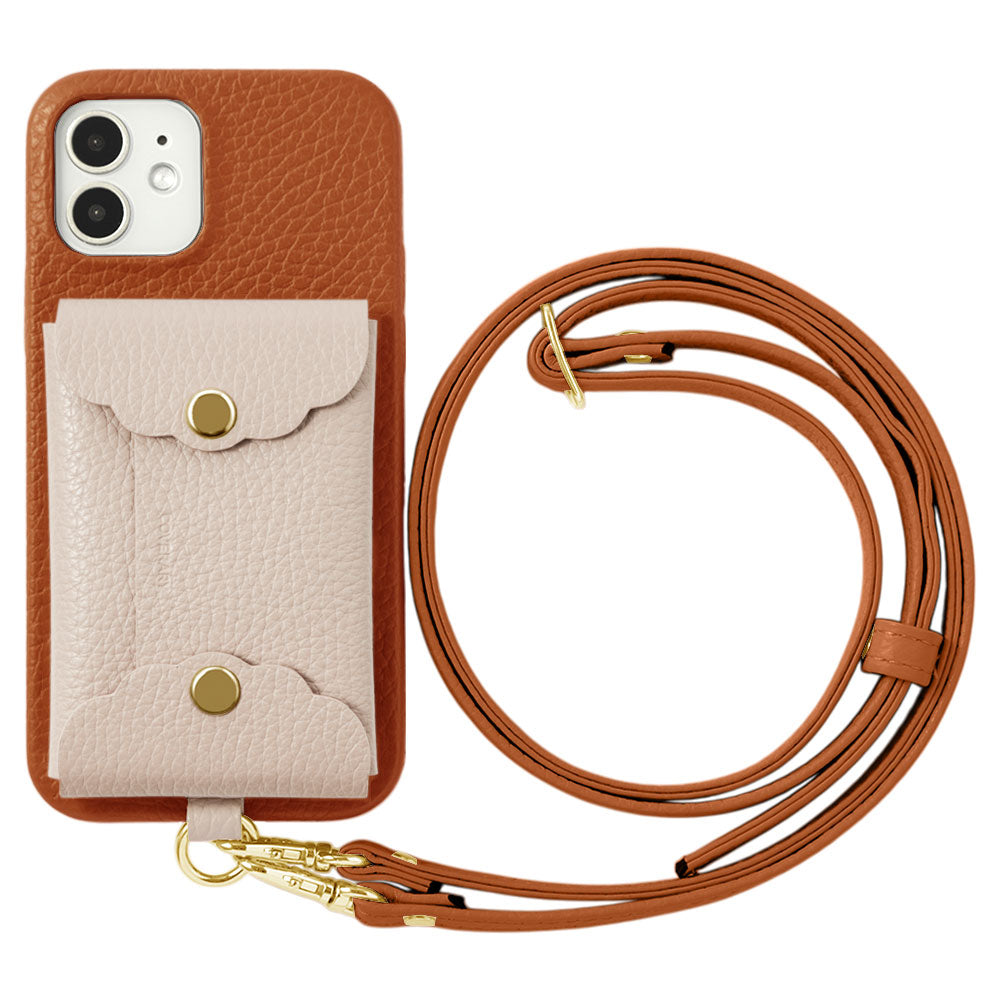 Genuine leather 32 colors Italian shrink leather scallop card case & shoulder strap included back case for iPhone series