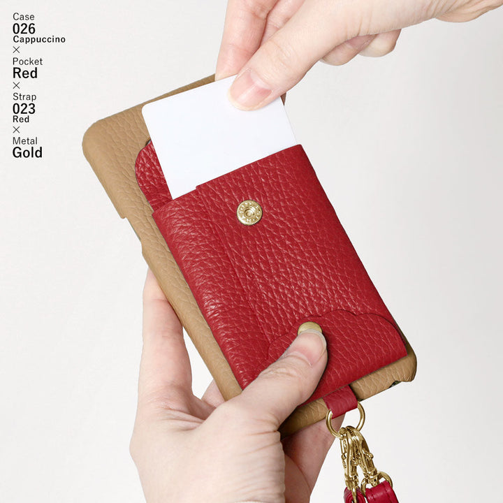 Genuine leather 32 colors Italian shrink leather scallop card case & shoulder strap included back case Google Pixel series