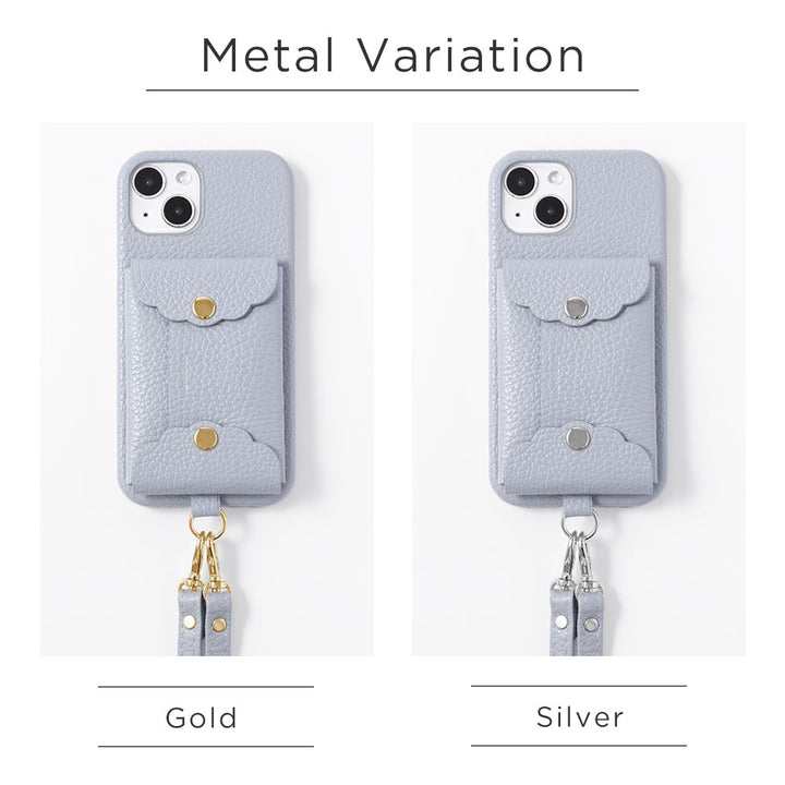 本革 32色 イタリアンシュリンクレザー スカラップカードケース＆ショルダーストラップ付き 背面ケース