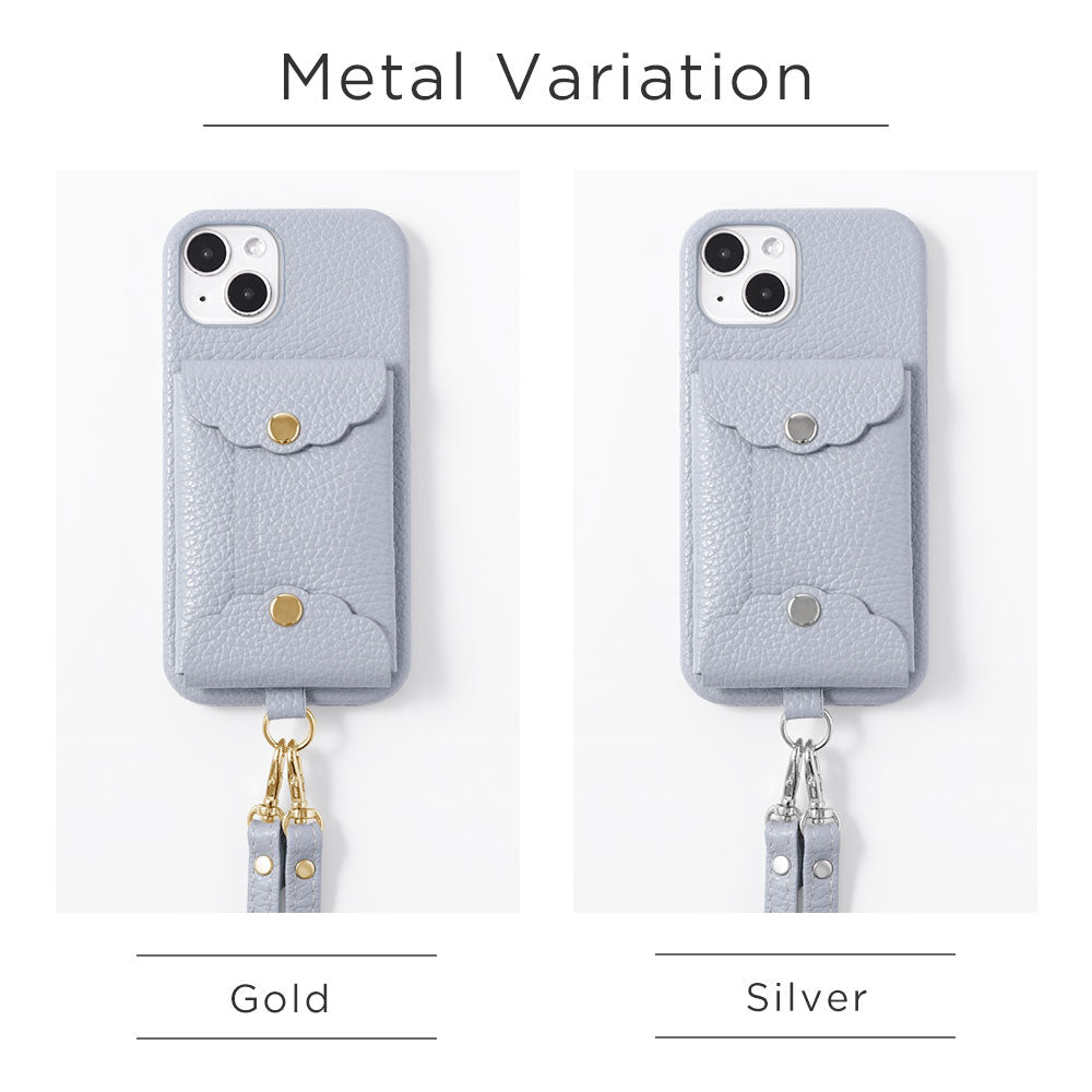 Genuine leather 32 colors Italian shrink leather scallop card case & shoulder strap included back case for iPhone series