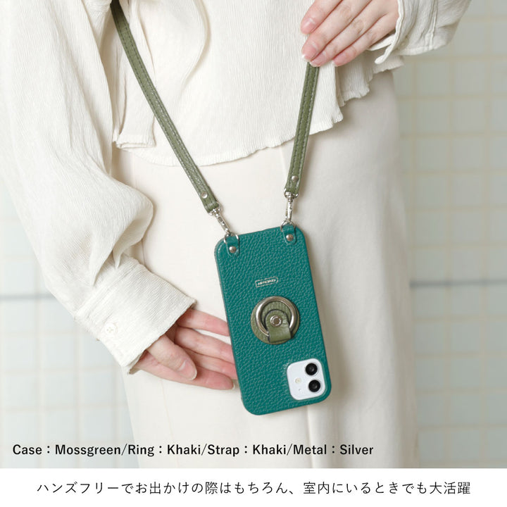 Coque arrière en cuir véritable italien grainé 32 couleurs avec anneau pour smartphone et sangle d'épaule