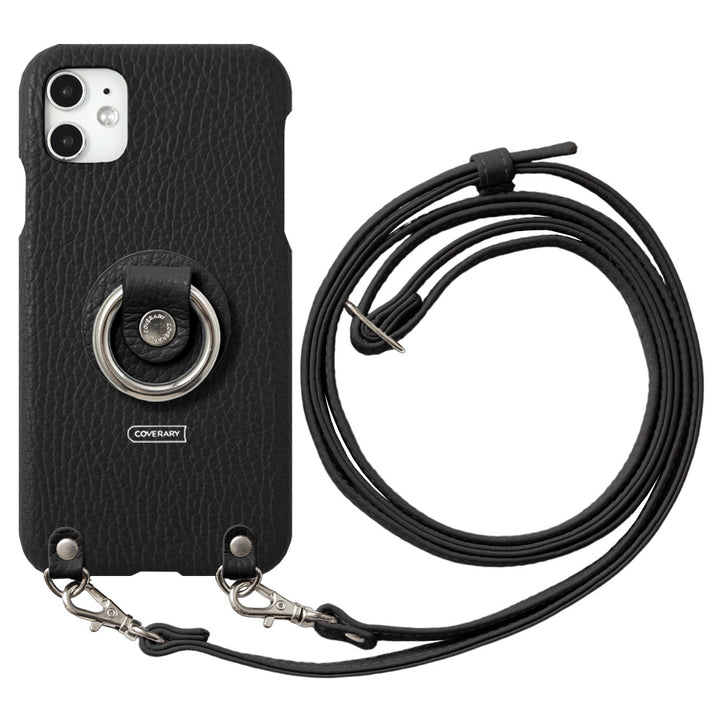 Coque arrière en cuir véritable italien grainé 32 couleurs avec anneau pour smartphone et sangle d'épaule