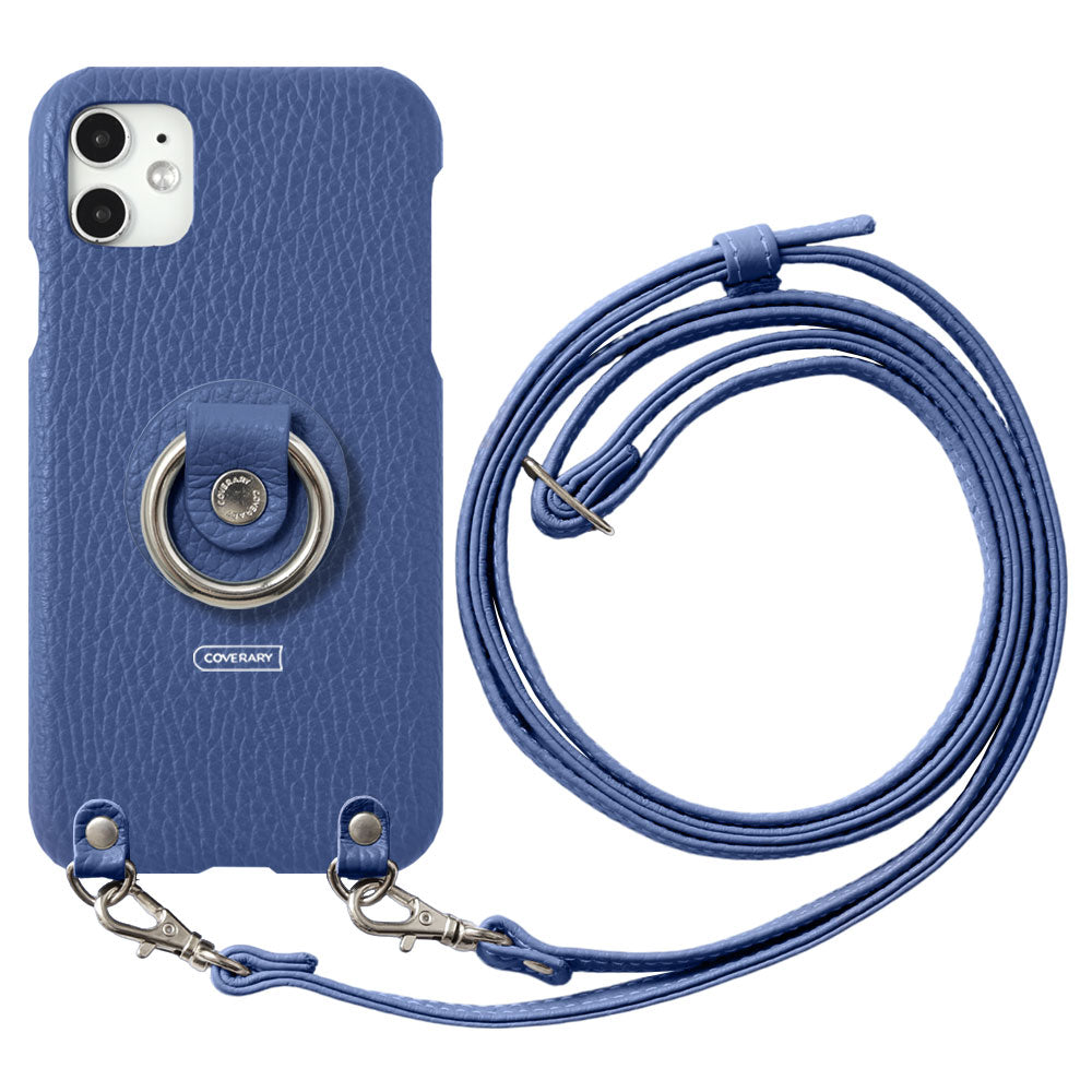 Coque arrière en cuir véritable italien grainé 32 couleurs avec anneau pour smartphone et sangle d'épaule