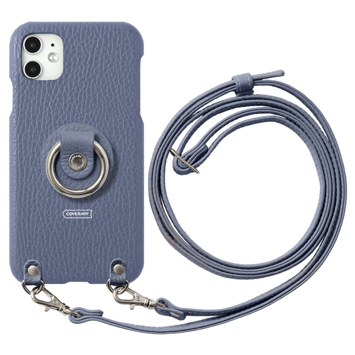 Coque arrière en cuir véritable italien grainé 32 couleurs avec anneau pour smartphone et sangle d'épaule