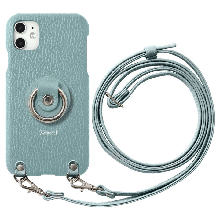 Coque arrière en cuir véritable italien grainé 32 couleurs avec anneau pour smartphone et sangle d'épaule