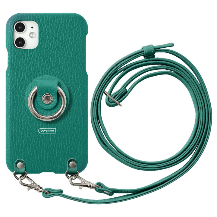 Coque arrière en cuir véritable italien grainé 32 couleurs avec anneau pour smartphone et sangle d'épaule